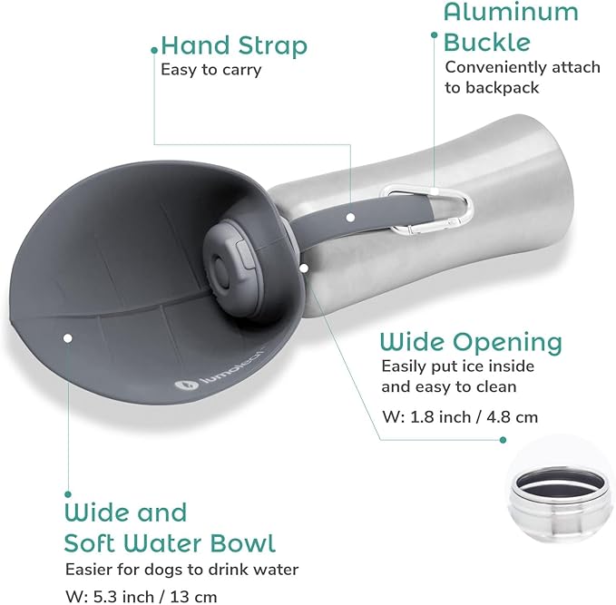 LumoLeaf Portable Dog Water Bottle 27 OZ, Stainless Steel Pet Travel Water Bottle Dispenser for Walking, Hiking and Outdoor, Portable Water Bowl for Large Dogs (Grey)