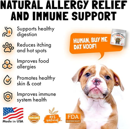 Allergy Relief Chews for Dogs & Immune & Digestive Supplement with Wild Salmon Oil Kelp Colostrum Turmeric Probiotics & Bee Pollen for Seasonal Allergies Anti Itch, Skin Hot Spots Soft Treats