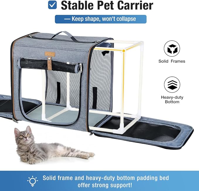 Lekereise 2-in-1 Cat,Dog Carrier for Small Medium Large Pets up to 45 Lbs, (20.85"*2)*19.7"*19.7" Car Travel Carrier with Litter Box, Bowl, and Locking Zipper - Dark Gray