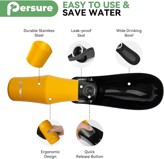 Dog Water Bottle, Portable Dog Water Bottle Dispenser - 27 OZ Stainless Steel Leak-Proof Water Bottle for Dogs On The Go, Perfect for Travel, Walking, Hiking and Outdoor Activities, Yellow Black