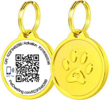 Premium NFC-QR Code Pet ID Tags - Dog Tags and Cat Tags, Connect to Online Pet Profile, Receive Instant Scanned Location Email Alert(Gold Paw)
