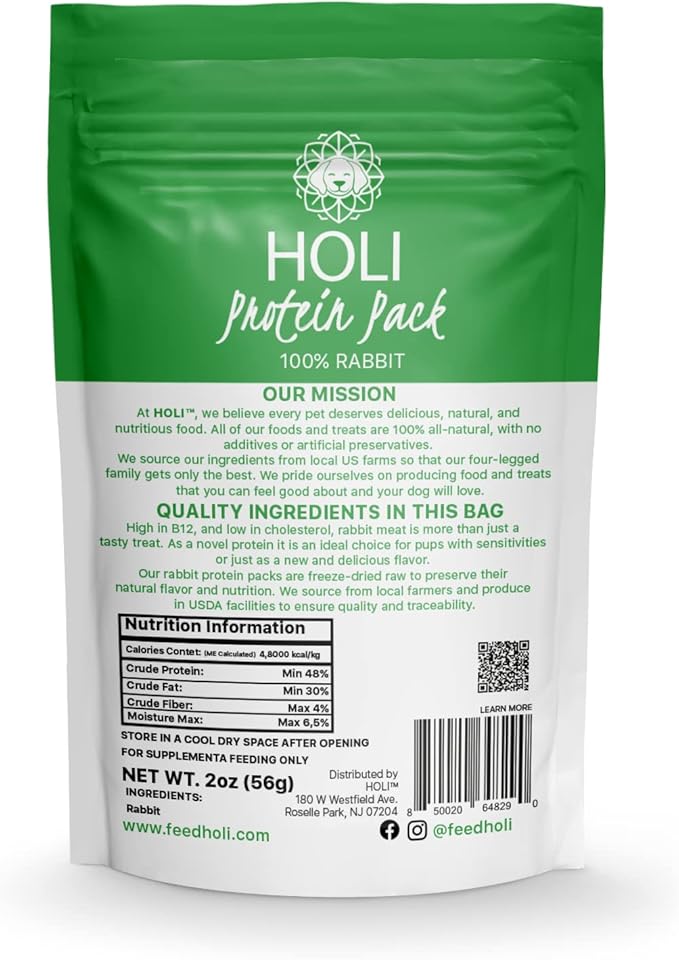 HOLI Rabbit Single Ingredient Dog Food Protein Topper - Made in USA – Human-Grade Freeze Dried Dog Food Mix in Topping – Grain Free, Gluten Free – 100% All Natural - 2oz