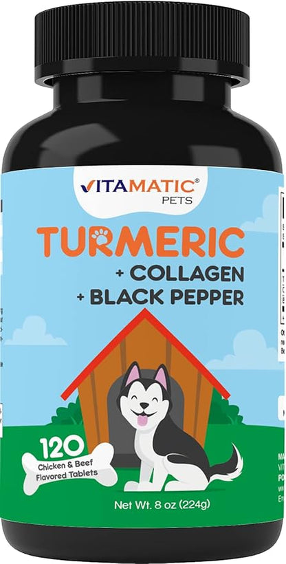 Vitamatic Turmeric for Dogs Anti Inflammatory Pain Relief - 120 Chewable Tablets - Hip & Joint Support Anti Inflammatory for Dogs with Curcumin, Collagen & Black Pepper