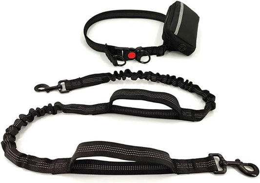 Hands Free Dog Leash with Zipper Pouch, Dual Padded Handles and Durable Bungee for Walking, Jogging and Running Your Dog, Waist Belt Dog Leash, Reflective Running Traction (Black)