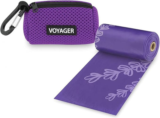 Best Pet Supplies Dog Poop Bag Holder Leash Attachment with 15 Bags, Purple, Reusable Mesh Dispenser Pouch for Travel, Walking, Park, and Outdoor Use, Soft and Durable with Clip-On