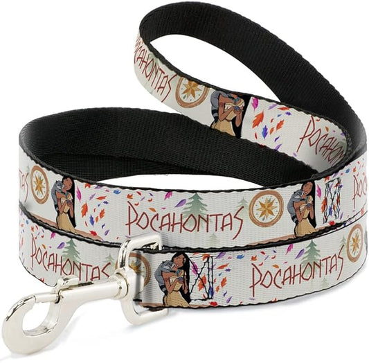 Dog Leash Pocahontas and Meeko Compass Pose with Script and Leaves Beige 6 Feet Long 1.5 Inch Wide