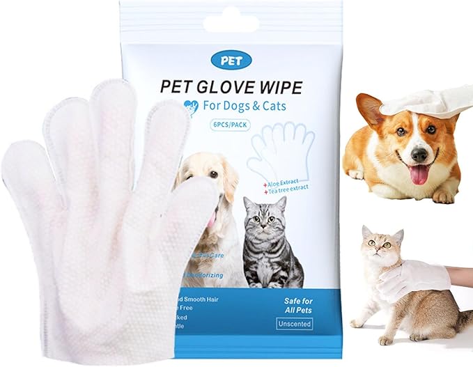 Pet Bath Wipes for Dogs and Cats 6 PCS，Dog wipes thickened material Cleaning Deodorizing Bathing Wipes Dog washing gloves Nourishing Grooming Fur，for Daily Care and Traveling Give your pet 6 baths!