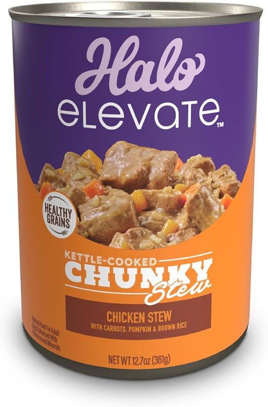 Halo Elevate Wet Dog Food, Kettle Cooked Chunky Healthy Grains Chicken Stew with Carrots, Pumpkin & Brown Rice, 12.7oz (Pack of 6)