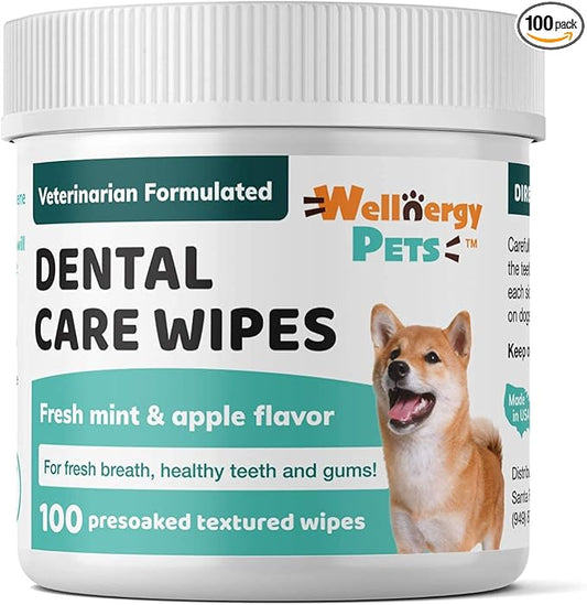 Dental Wipes for Dogs and Cats - No Brush Formula; Improve Oral Hygiene and Health; Freshen Breath; Fresh Mint Flavor. 100 Wipes.