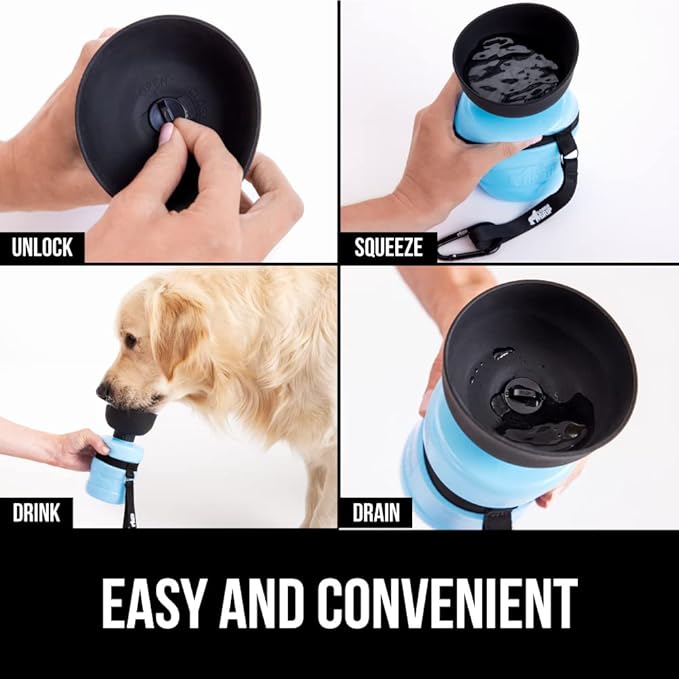 Gorilla Grip No Spill Portable Dog Water Bottle with Built in Bowl, Food Grade Silicone Leak Proof Pets Travel Drink Dispenser, Puppy Walk Training, Pet Hiking Essentials, Trip Accessories, Blue