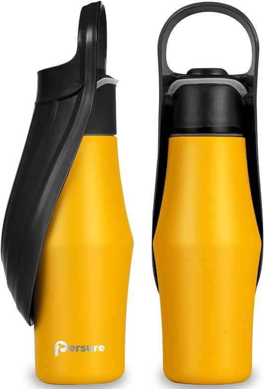 Dog Water Bottle, Portable Dog Water Bottle Dispenser - 27 OZ Stainless Steel Leak-Proof Water Bottle for Dogs On The Go, Perfect for Travel, Walking, Hiking and Outdoor Activities, Yellow Black