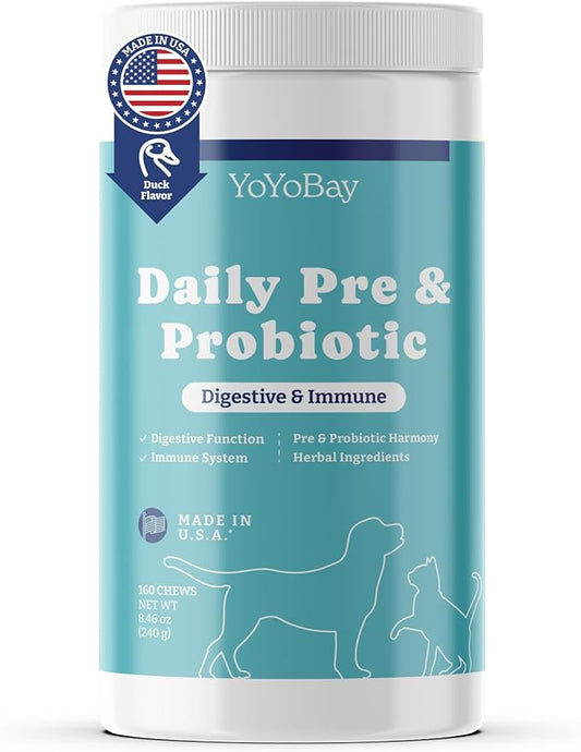 Probiotics for Dogs, Daily Dog Probiotics and Prebiotic with Natural Ingredients, for Gut Health and Digestive Health, Support Immune System, Maintain Skin & Coat Health, Duck Flavor, 160 Soft Chews