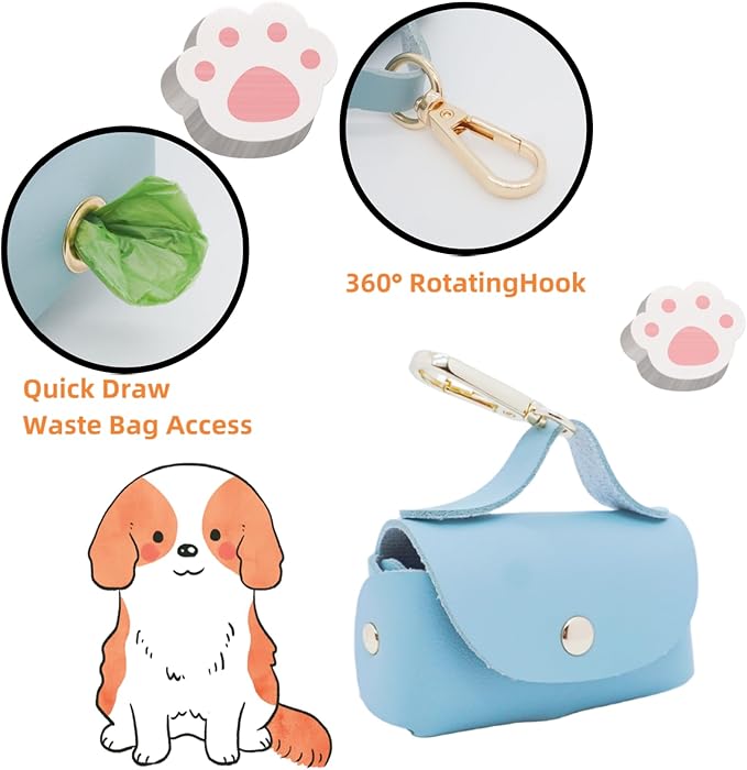 Leather Poop Bag Holder Dispenser for Leash, Portable and Reusable Dog Poop Bag Dispenser, Dog Bag Holder for Walking, Outdoor, Travelling (Blue)