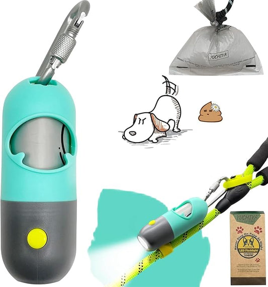 Dog Poop Bag Dispenser with Flashlight|Dog Poop Bag Holder with Leash Clip|Hands-Free Leash Poop Bag Holder with Straps and 1 Roll Dog Waste Bags (Green)