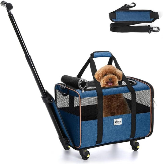Lekesky Dog Cat Carrier with Wheels, Airline Approved Pet Carrier for Cats Dogs15lbs with Telescopic Handle, Blue