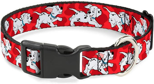 Buckle-Down Plastic Clip Collar - Dalmatians Running/Paws Reds/White/Black - 1.5" Wide - Fits 16-23" Neck - Medium
