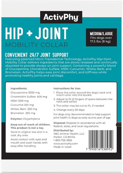 Hip + Joint Mobility Collar for Dogs with Glucosamine, Chondroitin, MSM, and More | Convenient & Easy | 30 Days of Continuous Support | Water Resistant (Med/Large)