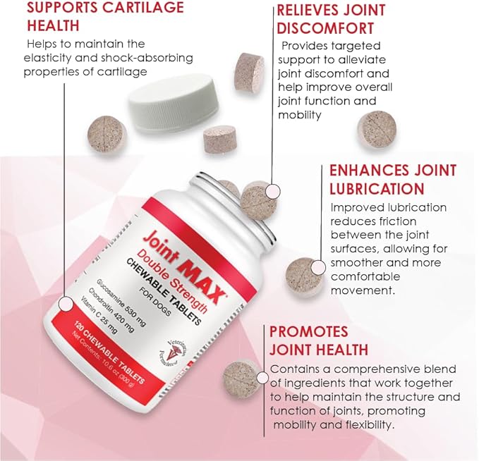 Double Strength Chewable Tablets for Dogs, Glucosamine, Chondroitin, Vitamins & Antioxidants, Hip & Joint Pain Relief & Support Supplement - Veterinarian Formulated, Made in USA, 120 Tablets