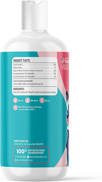 Solid Gold Fish Oil for Dogs & Cats - Wild Alaskan Salmon Oil for Dogs Skin and Coat Support - Omega 3 Pollock Oil Blend and Fatty Acids with EPA & DHA for Immune System Health - 16 oz Bottle