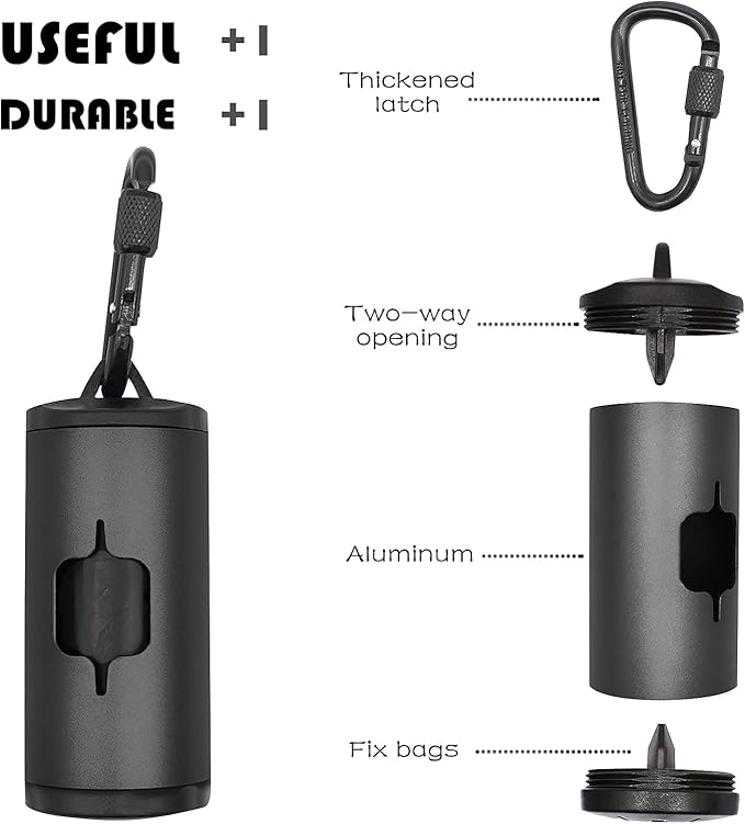 Metal Dog Poop Bags Holder Aluminum Poo Bags Dispenser with Pet Waste Bags 3 Leash Clasp and Elastic Rope for Used Bags(1 Holder 135 Bags,Black)