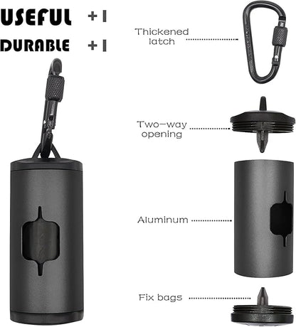 Metal Dog Poop Bags Holder Aluminum Poo Bags Dispenser with Pet Waste Bags 3 Leash Clasp and Elastic Rope for Used Bags(1 Holder 135 Bags,Black)