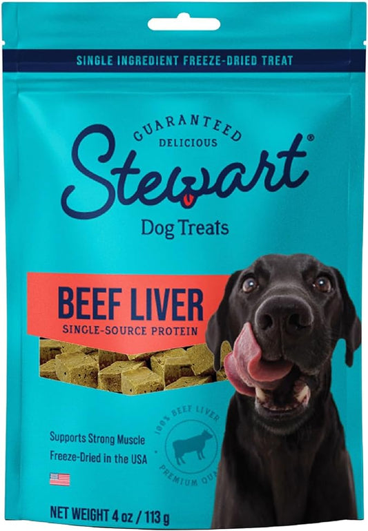 Stewart Freeze Dried Dog Treats, Beef Liver, 4 oz, Grain Free & Gluten Free, Resealable Pouch, Single Ingredient, training treat in Beef Liver, Salmon, Chicken Liver & Chicken Breast 4, 14, 21 oz