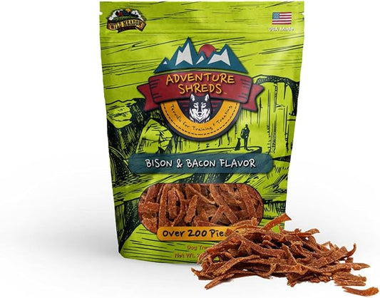 Wild Meadow Farms - Adventure Shreds Bison & Bacon Dog Treats, Soft & Thin Dog Treats for Training & Rewards, Grain-Free Snacks for Pets of All Breeds and Ages - 2.5 Ounce Pouch