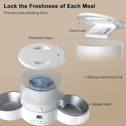 Automatic Cat Feeder for 2 Cats, 3L Cat Food Dispenser SURDY Auto Cat Feeder with 2 Stainless Bowls, 10s Meal Call Dual Power Supply and Timer Setting 12 Portions 6 Meals Per Day for Cats and Dogs