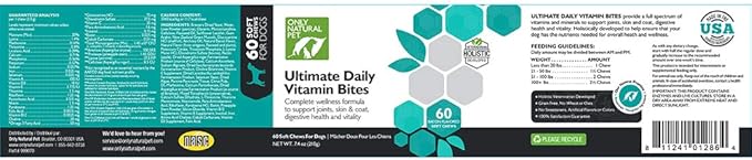 Only Natural Pet Ultimate Daily Vitamins - Complete Multivitamin Supplement for Dogs Balanced Health & Vitality - Senior Small & Large Canine Food Immune Digestive Support -60 Soft Chews (Pack of 1)