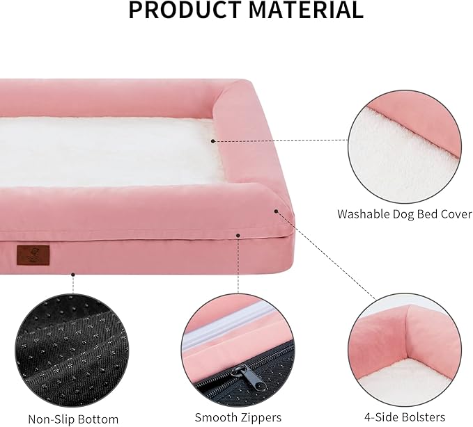 Large Dog Bed, Pink Orthopedic Dog Bed, Waterproof Dog Bed with Removable Cover, 4-Sides Removable Bolster Dog Soft Sofa Bed with Nonskid Bottom, Washable Dog Beds for Large Dogs