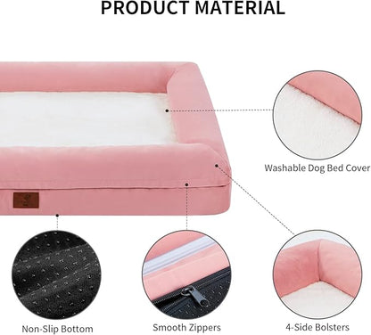 Large Dog Bed, Pink Orthopedic Dog Bed, Waterproof Dog Bed with Removable Cover, 4-Sides Removable Bolster Dog Soft Sofa Bed with Nonskid Bottom, Washable Dog Beds for Large Dogs