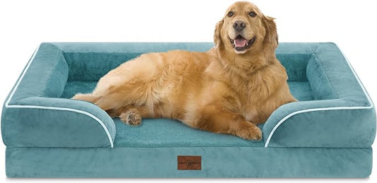 Orthopedic Foam XL Dog Beds Waterproof, Extra Large Dog Bed with Bolster, Washable Dog Bed Sofa Pet Bed with Removable Cover & Non-Slip Bottom(X-large,Washed Blue)