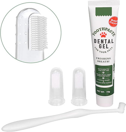 Pet Toothbrush Toothpaste Kit Dog Teeth Cleaning Cat Teeth Cleaning Dental Care Kit Pet Finger Toothbrush, Reduce Plaque & Tartar Buildup, Beef Flavor