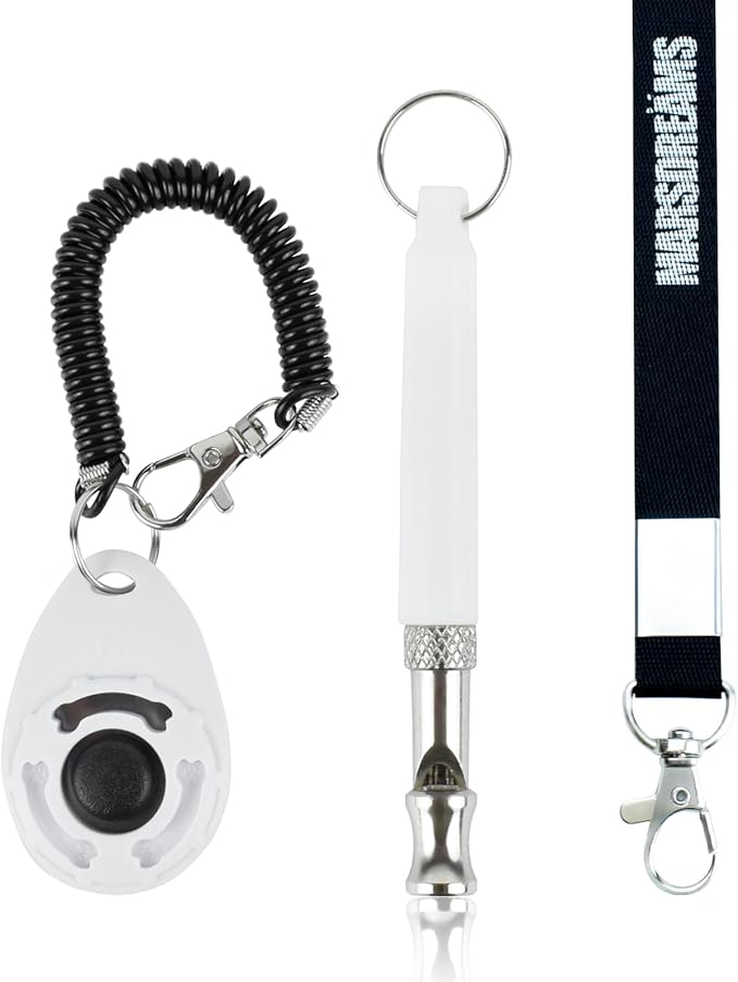 Pet Training Clicker, Whistle -Training Behaviour Aids Accessories for Puppies with Lanyard - Barking Control Device - Long Range Adjustable Frequency - Pack of 3 - White