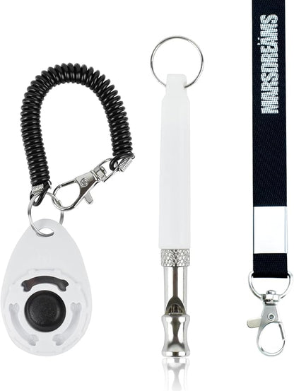 Pet Training Clicker, Whistle -Training Behaviour Aids Accessories for Puppies with Lanyard - Barking Control Device - Long Range Adjustable Frequency - Pack of 3 - White