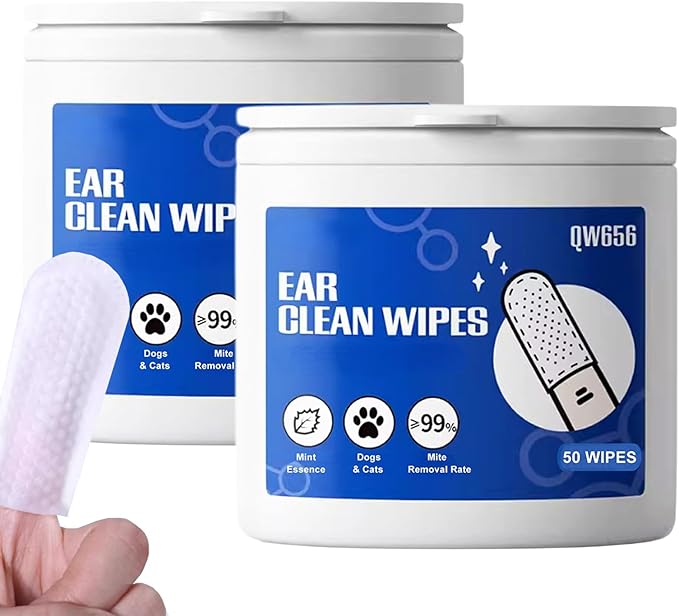 Ear Cleaner Wipes, Dogs & Cats Grooming Kit, Safe and Non-Irritating, Mint Extract, Gently Remove Ear Wax, Deodorizes, 150 Count (Ear Finger Wipes (100 Count))
