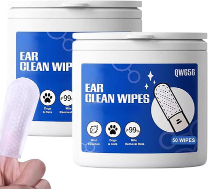 Ear Cleaner Wipes, Dogs & Cats Grooming Kit, Safe and Non-Irritating, Mint Extract, Gently Remove Ear Wax, Deodorizes, 150 Count (Ear Finger Wipes (100 Count))