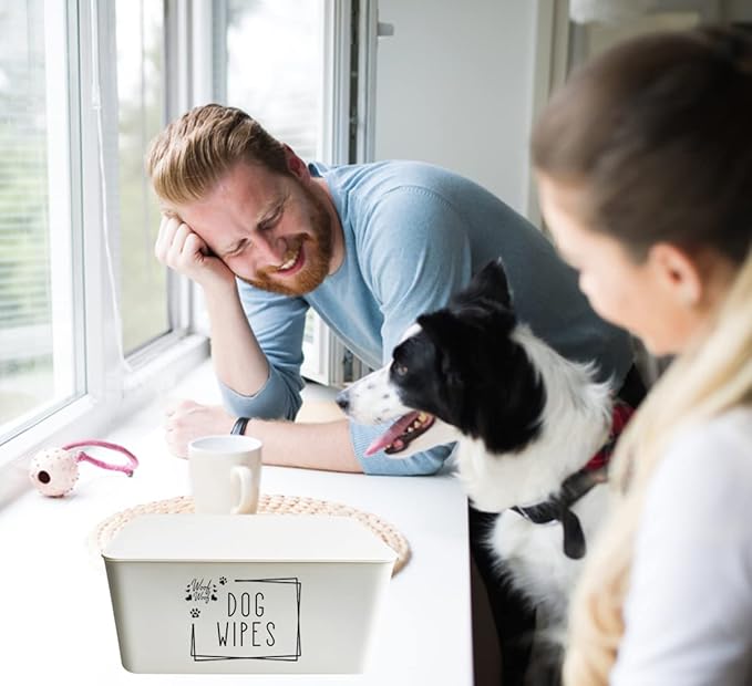 Woof Woof Dog Wipes Dispenser,Upgarde Size(8.2L x 4.9W x 3.9H inches),Dog Paw Butt Wipes Container Storage Box Pet Doggie Grooming Wet Wipes Holder (Dog Wipes(White))