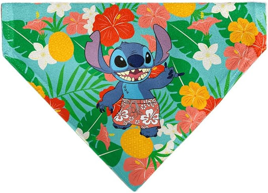 Disney Pet Bandana Lilo and Stitch Stitch Hang Loose Pose Floral Collage Blue Slip On Collar Bandana Only