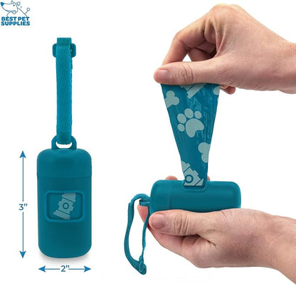 Best Pet Supplies Dog Poop Bag Holder Leash Attachment with 30 Bags, Reusable Dispenser for Travel, Walking, Park, and Outdoor Use, Durable with Clip-On - Turquoise, Pack of 2