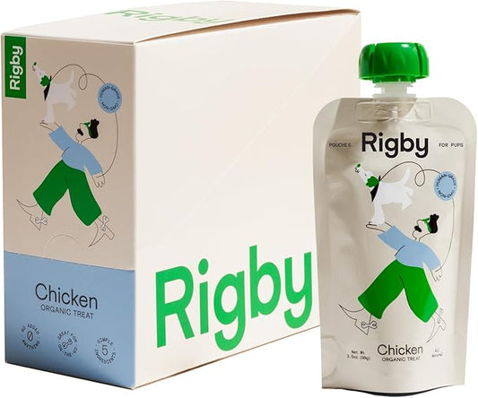 Rigby All-Organic Chicken Squeeze Pouch for Dogs - Lickable Training Treat, Food Topper, Pill Masker, Lick Mat Spread - Mary's Chicken, Butternut Squash, Peas, Olive Oil - 6 Pack