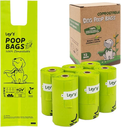 Ley's Compostable Dog Poop Bags, Plant-Based Biodegradable Doggie Waste Bags with Easy Tie Handles, Unscented, Vegetable-Based, Dog Bags Refill Rolls with Dispenser