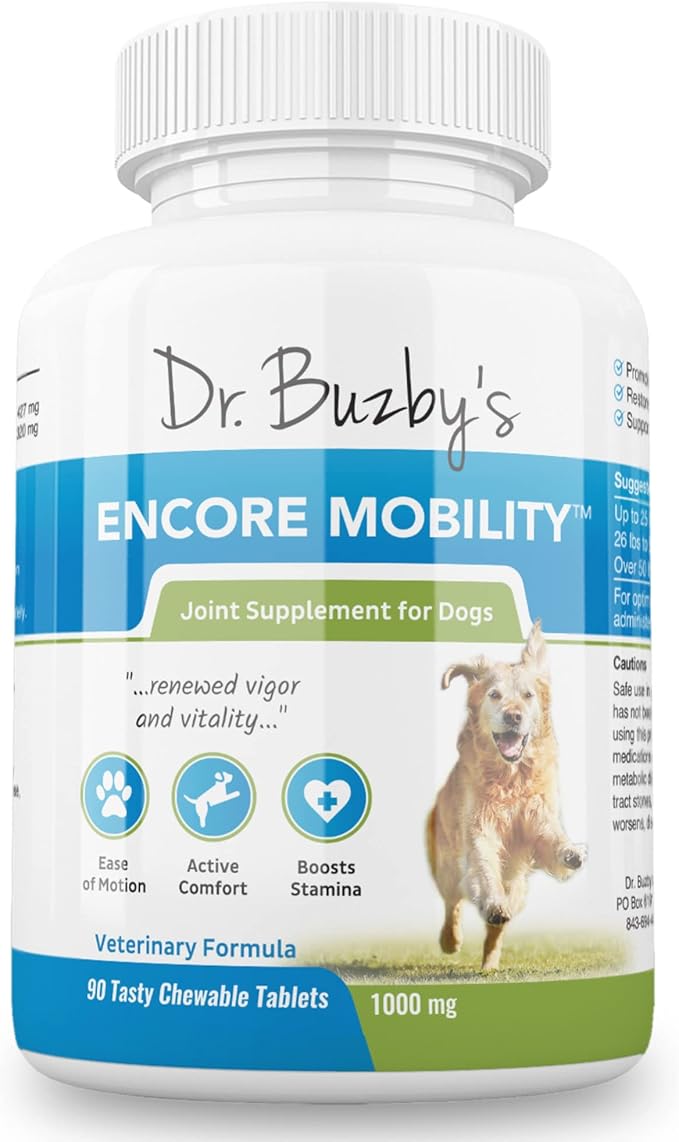 Dr. Buzby’s Encore Mobility Hip & Joint Supplement for Senior Dogs, 90 Chewable Tablets, Natural New Zealand Deer Velvet and Green Lipped Mussel, Pet Pain Relief