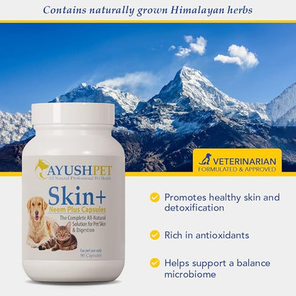 Ayush Pet Skin Plus, Neem Supplement for Healthy Skin and Coat, Supports Gut and Immunity, 90 Capsules