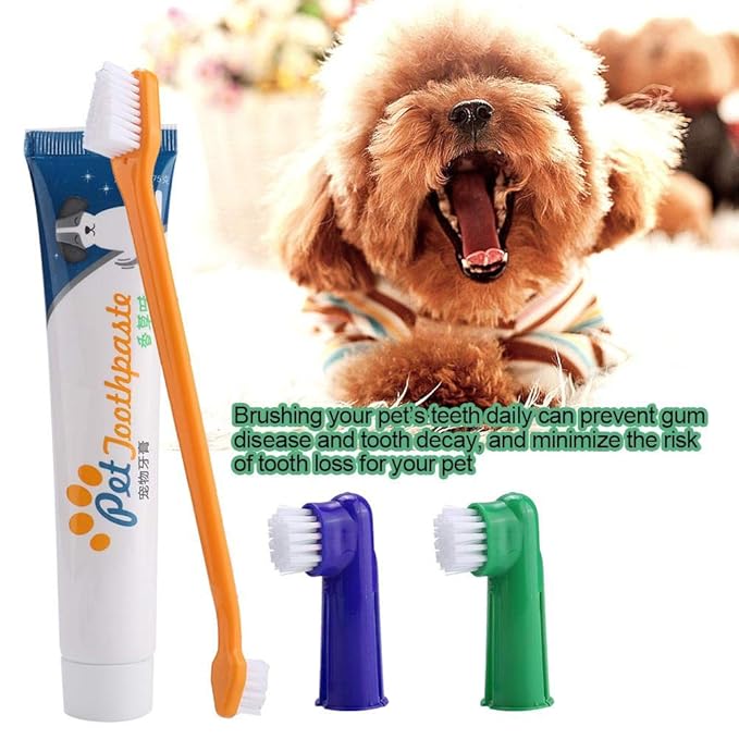 Pet Dog Cat Toothbrush Toothpaste Set Dog Soft Toothbrush Vanilla Flavored Toothpaste Dental Care Tool for Reduces Tartar Buildup with Dual Headed Toothbrush Finger BrushToothpaste
