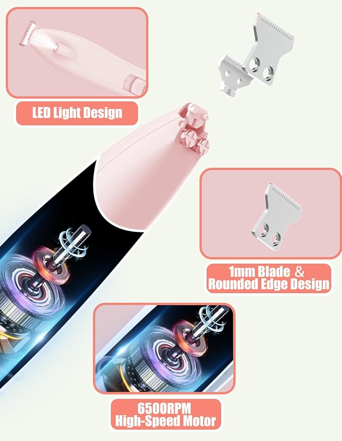 Cordless Dog Paw Trimmer - Low Noise LED Dog Clippers with Ceramic Blade, 2 Speed Rechargeable Small Pet Shaver for Grooming Dogs Cats Hair Around Paws, Eyes, Ears, Face, Rump, Pink