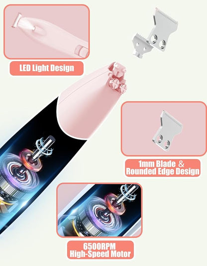 Cordless Dog Paw Trimmer - Low Noise LED Dog Clippers with Ceramic Blade, 2 Speed Rechargeable Small Pet Shaver for Grooming Dogs Cats Hair Around Paws, Eyes, Ears, Face, Rump, Pink