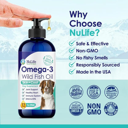 Liquid Fish Oil for Dogs with Omega 3, 6 & 9 Fatty Acids, Wild Caught from Iceland, Skin and Coat Supplement for Shedding, Itchy Skin, Allergies, Brain and Heart Health, Rich in EPA + DHA - 12 oz