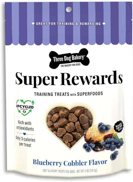 Three Dog Bakery Soft and Chewy Super Rewards with Superfoods Dog Treats, Low Calorie Dog Training Treats for Dogs, Blueberry Cobbler Flavor, 5 Ounce Resealable Bag