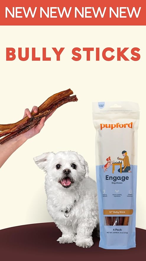 Pupford Thick Bully Sticks for Dogs & Puppies, Smoked for Improved Smell, Natural, Long-Lasting, Single Ingredient Chews for Medium & Large Breeds (12", 4 Count)